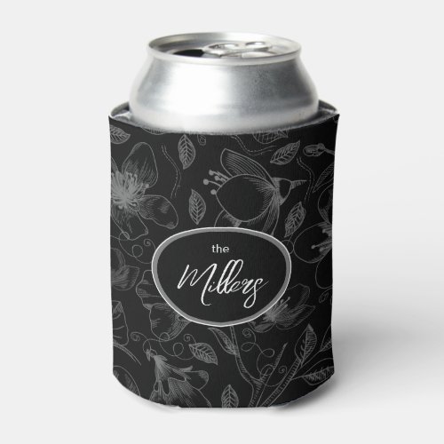 Sketched Floral Outline Pattern GrayBlk ID939  Can Cooler