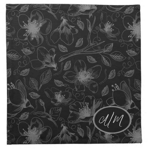 Sketched Floral Outline Pattern GrayBlk ID939 Cloth Napkin