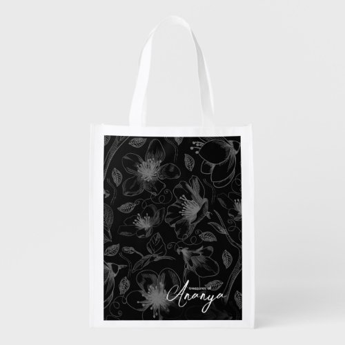 Sketched Floral Outline Pattern GrayBlk ID939 Grocery Bag