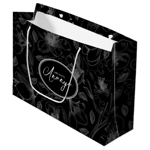 Sketched Floral Outline Pattern GrayBlk ID939 Large Gift Bag