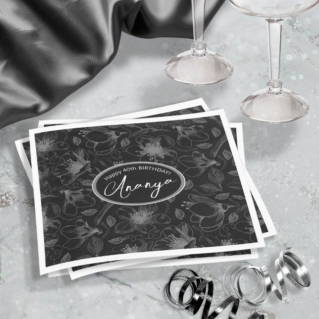 Sketched Floral Outline Pattern Gray/Blk ID939 Napkins (Creator Uploaded)