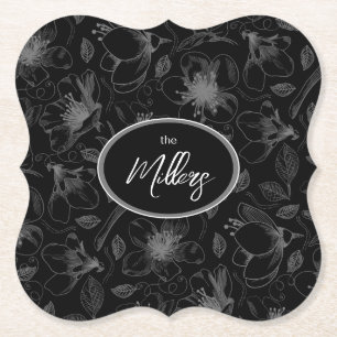 Sketched Floral Outline Pattern Gray/Blk ID939 Paper Coaster
