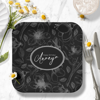 Sketched Floral Outline Pattern Gray/blk Id939 Paper Plates by arrayforhome at Zazzle