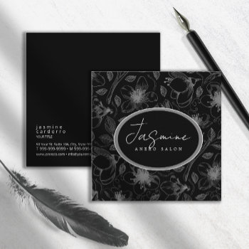 Sketched Floral Outline Pattern Gray/blk Id939 Square Business Card by arrayforcards at Zazzle