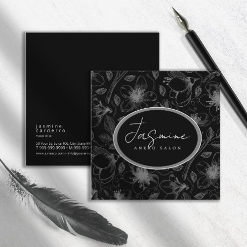 Sketched Floral Outline Pattern GrayBlk ID939 Square Business Card
