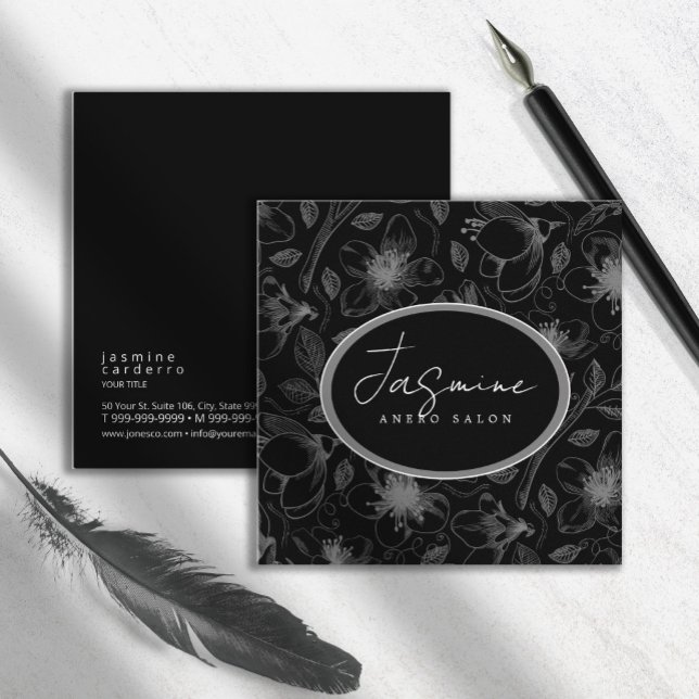 Sketched Floral Outline Pattern Gray/Blk ID939 Square Business Card (Creator Uploaded)