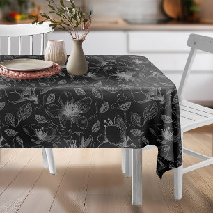 Sketched Floral Outline Pattern Gray/Blk ID939 Tablecloth