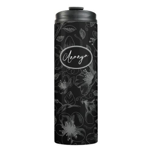 Sketched Floral Outline Pattern GrayBlk ID939 Thermal Tumbler