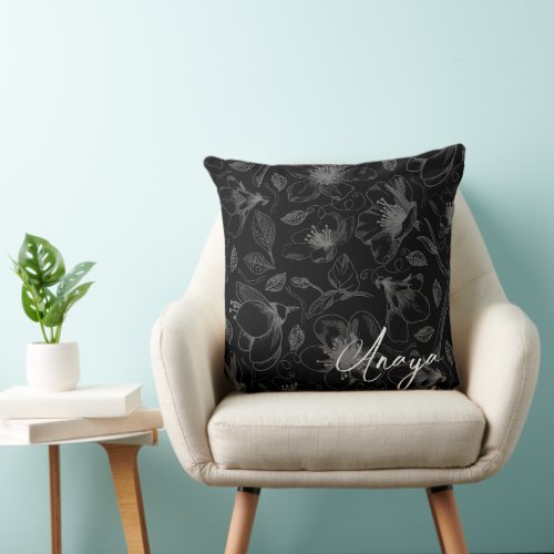 Sketched Floral Outline Pattern GrayBlk ID939 Throw Pillow