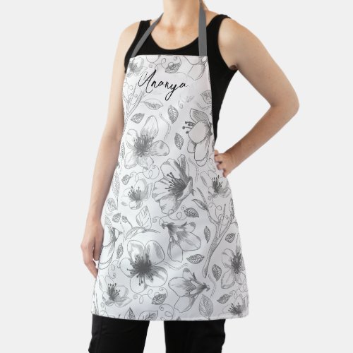 Sketched Floral Outline Pattern GrayWht ID939 Apron