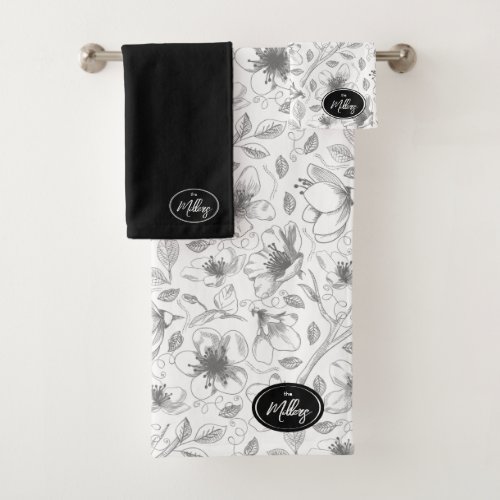 Sketched Floral Outline Pattern GrayWht ID939 Bath Towel Set