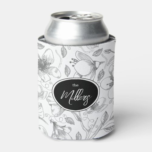 Sketched Floral Outline Pattern GrayWht ID939 Can Cooler