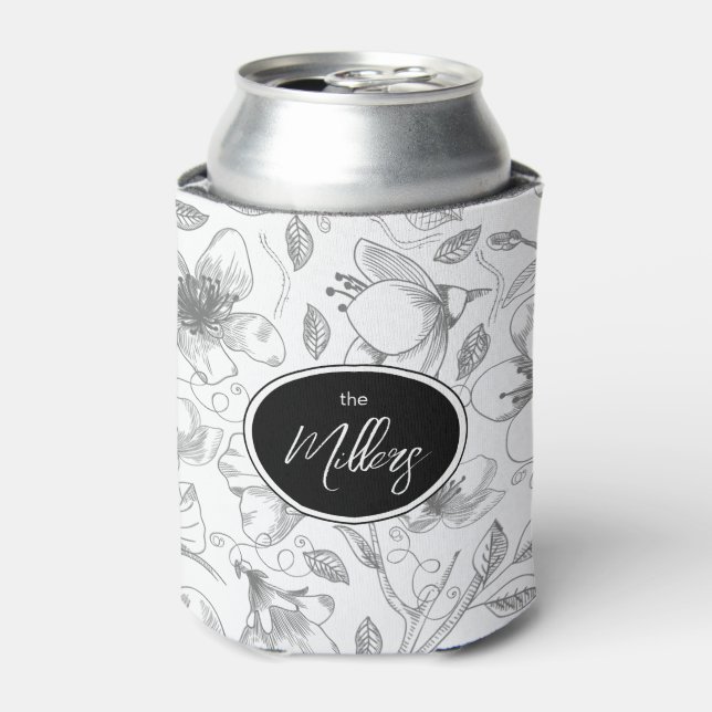 Sketched Floral Outline Pattern Gray/Wht ID939 Can Cooler (Can Front)