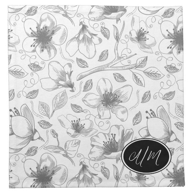 Sketched Floral Outline Pattern Gray/Wht ID939 Cloth Napkin (Front)