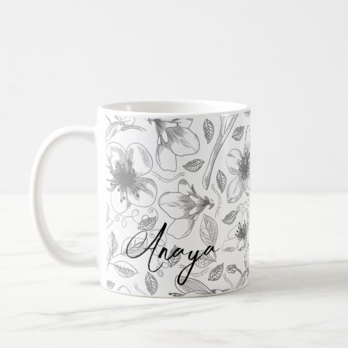 Sketched Floral Outline Pattern GrayWht ID939 Coffee Mug