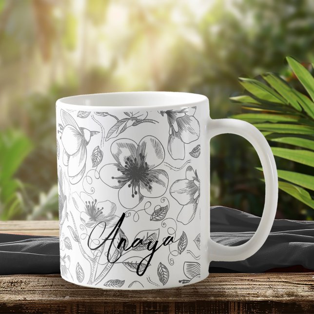 Sketched Floral Outline Pattern Gray/Wht ID939 Coffee Mug (Creator Uploaded)