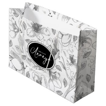 Sketched Floral Outline Pattern Gray/wht Id939  Large Gift Bag by arrayforcards at Zazzle