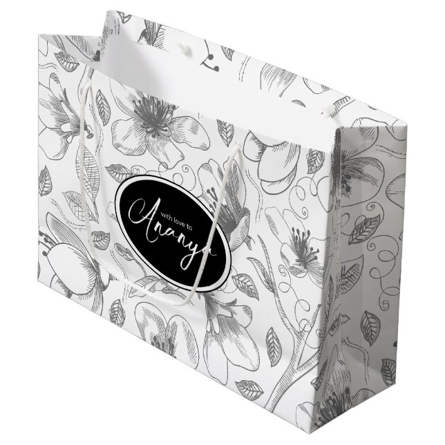 Sketched Floral Outline Pattern Gray/Wht ID939  Large Gift Bag (Front Angled)