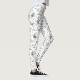 Sketched Floral Outline Pattern Gray/Wht ID939 Leggings