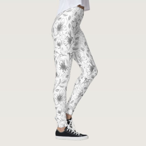 Sketched Floral Outline Pattern GrayWht ID939 Leggings