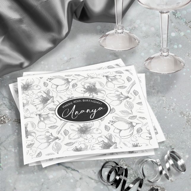 Sketched Floral Outline Pattern Gray/Wht ID939 Napkins (Creator Uploaded)