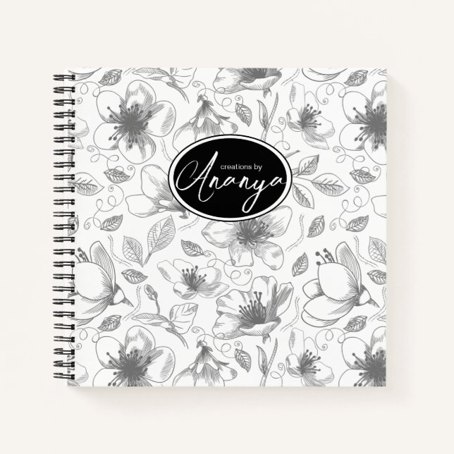 Sketched Floral Outline Pattern Gray/Wht ID939 Notebook (Front)