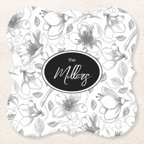 Sketched Floral Outline Pattern GrayWht ID939 Paper Coaster