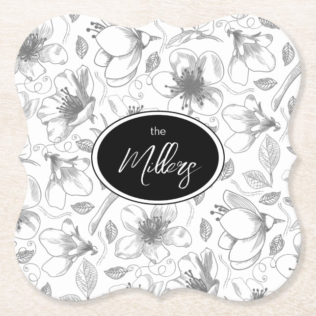 Sketched Floral Outline Pattern Gray/Wht ID939 Paper Coaster (Front)