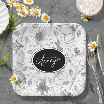 Sketched Floral Outline Pattern Gray/wht Id939 Paper Plates by arrayforhome at Zazzle