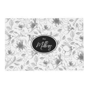 Sketched Floral Outline Pattern Gray/Wht ID939 Placemat