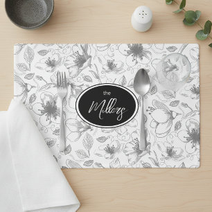 Sketched Floral Outline Pattern Gray/Wht ID939 Placemat