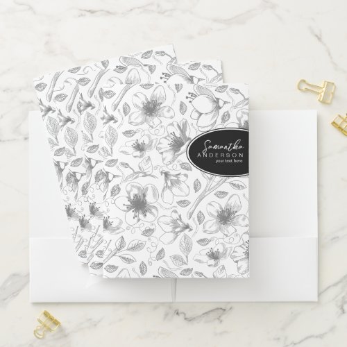 Sketched Floral Outline Pattern GrayWht ID939 Pocket Folder