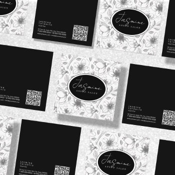 Sketched Floral Outline Pattern Gray/wht Id939 Square Business Card by arrayforcards at Zazzle