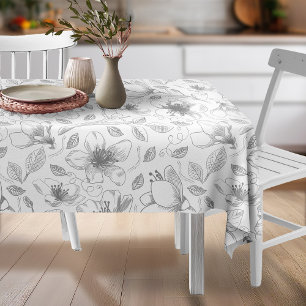 Sketched Floral Outline Pattern Gray/Wht ID939 Tablecloth