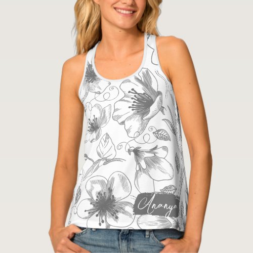 Sketched Floral Outline Pattern GrayWht ID939 Tank Top