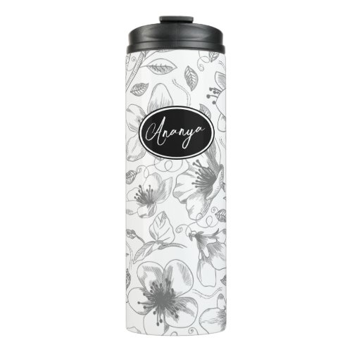 Sketched Floral Outline Pattern GrayWht ID939 Thermal Tumbler