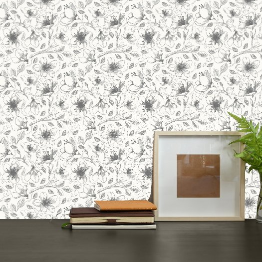 Sketched Floral Outline Pattern Gray/Wht ID939