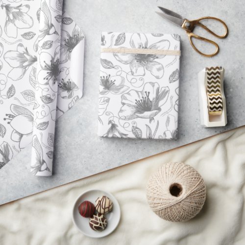 Sketched Floral Outline Pattern GrayWht ID939 Wrapping Paper