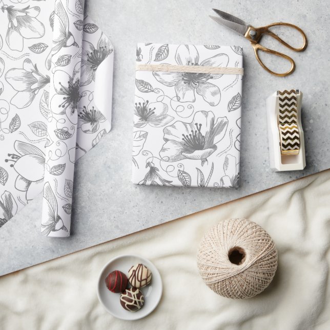 Sketched Floral Outline Pattern Gray/Wht ID939 Wrapping Paper (Crafts)