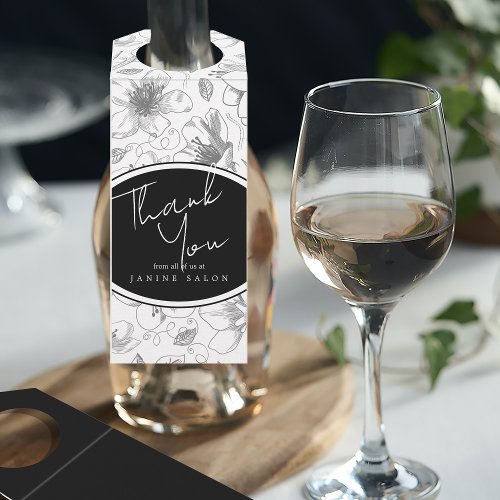Sketched Floral Outline Thank You GrayWht ID939 Bottle Hanger Tag