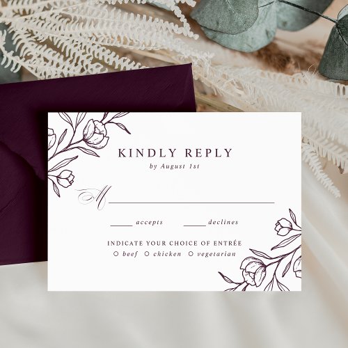 Sketched Floral Purple Meal Choice Wedding RSVP Card
