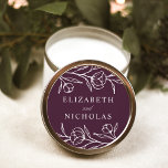 Sketched Floral Purple Wedding Classic Round Sticker<br><div class="desc">Elegant floral wedding stickers featuring white sketched flowers and leaves with a dark purple background. Personalize the sketched floral wedding stickers with your names. The floral stickers are perfect for sealing wedding envelopes,  wedding favors,  and more! Designed to coordinate with our Sketched Floral wedding collection.</div>