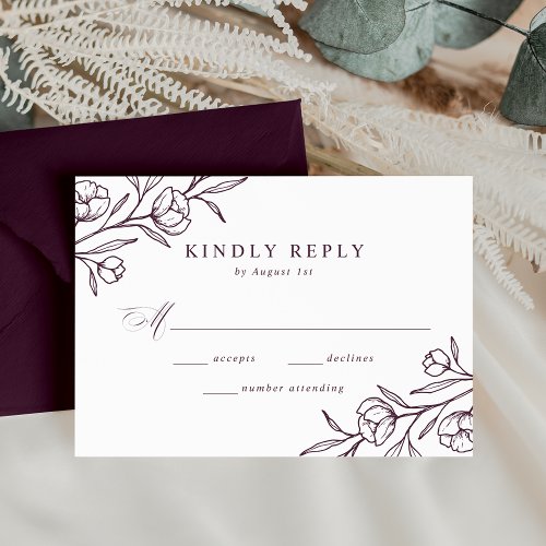 Sketched Floral Purple Wedding RSVP Card