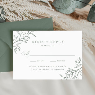 Sketched Floral Sage Green Meal Choice Wedding RSVP Card