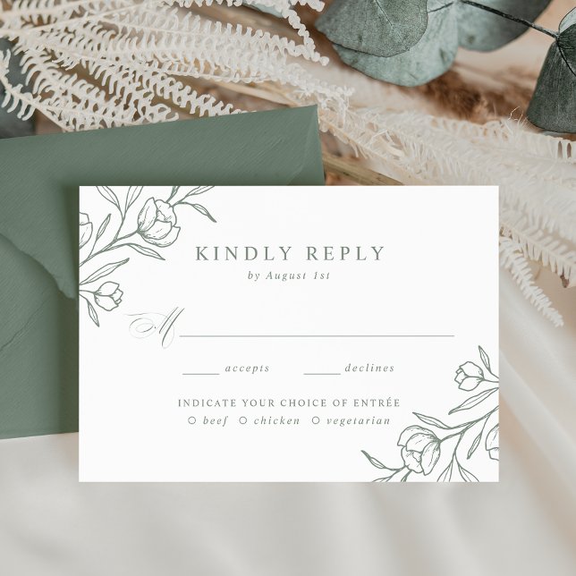 Sketched Floral Sage Green Meal Choice Wedding RSVP Card (Creator Uploaded)