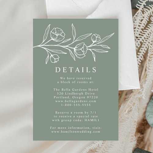 Sketched Floral Sage Green Wedding Details Enclosure Card