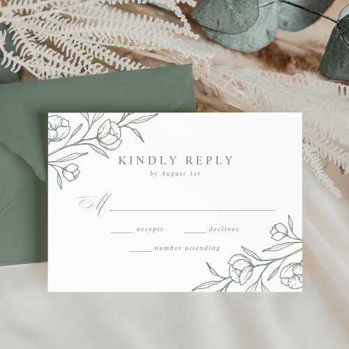 Sketched Floral Sage Green Wedding RSVP Card