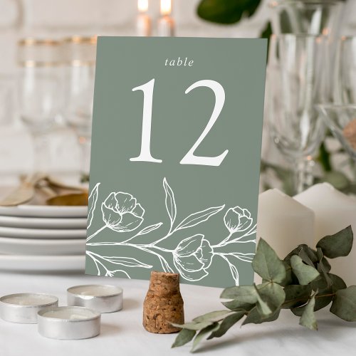 Sketched Floral Sage Green Wedding Table Number