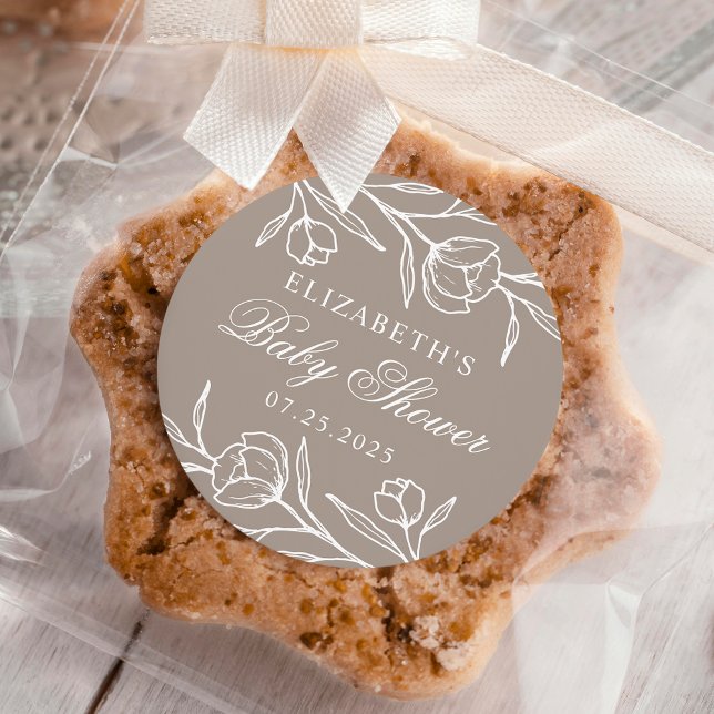 Sketched Floral Taupe Baby Shower Classic Round Sticker (Creator Uploaded)