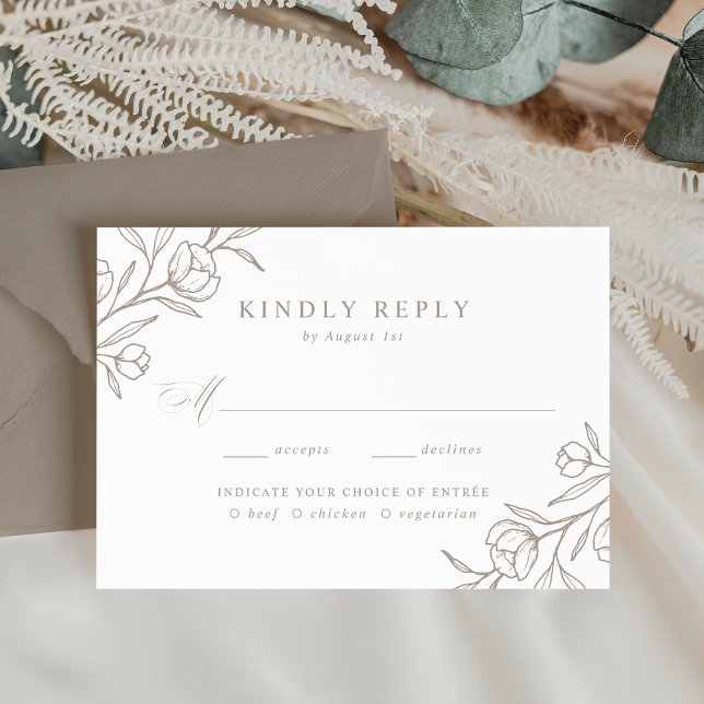 Sketched Floral Taupe Meal Choice Wedding RSVP Card (Creator Uploaded)